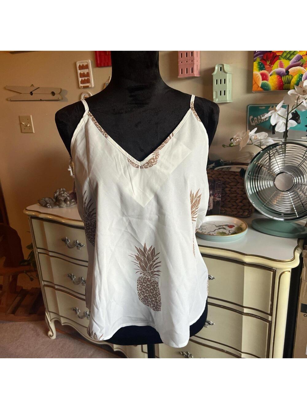 y2k White and brown pineapple print top adjustable straps